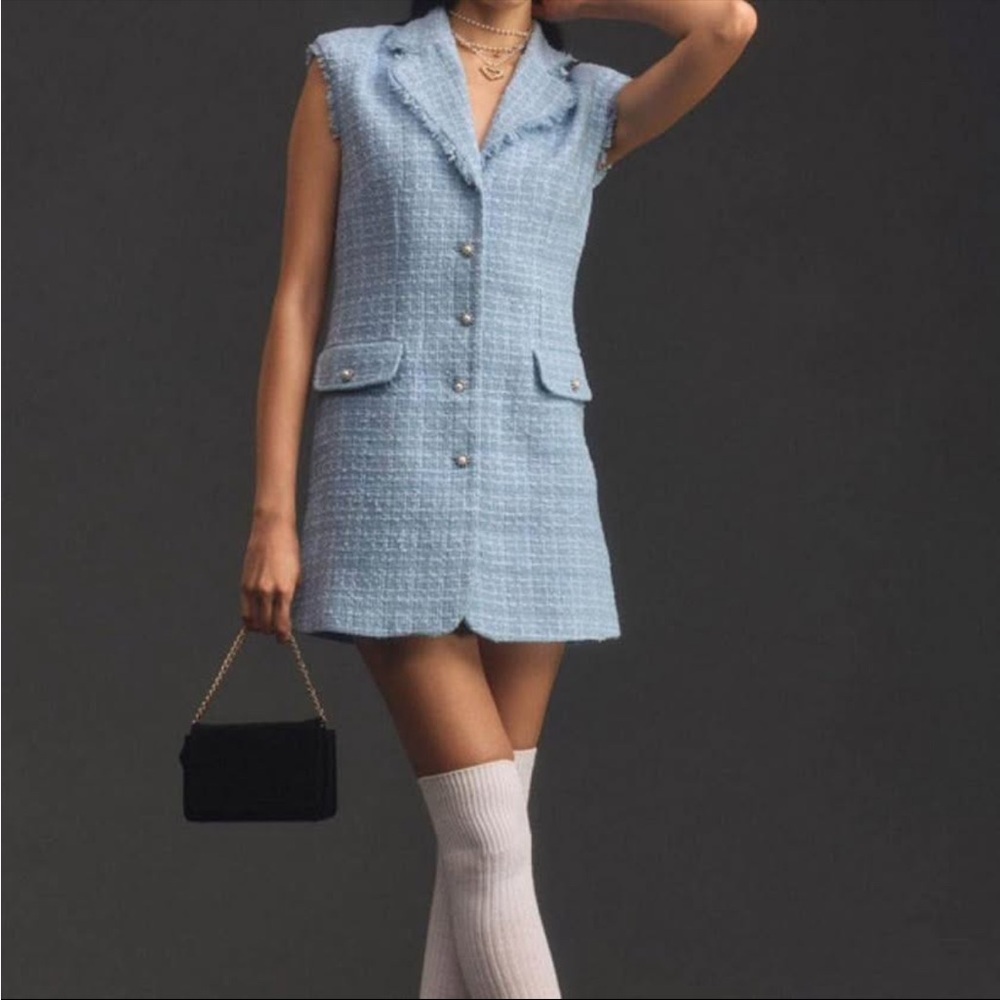 Elegant Blue Tweed Sleeveless Dress